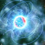 a blazing blue ball of light bordered in white, with red/pink poles. Blue loops of light shoot out and back in large arches in dusty space.