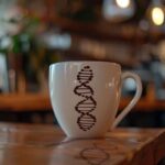 It shows a coffee cup with an image of DNA on it.