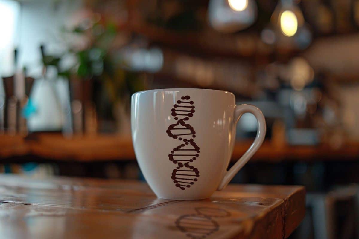 It shows a coffee cup with an image of DNA on it.